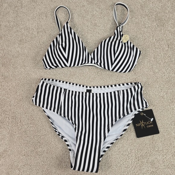 Other - Nip Tuck Swim Stripe Bikini Two Piece Swimsuit Multi Fit Cup Size 8  Black White